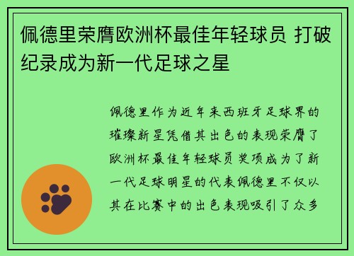 佩德里荣膺欧洲杯最佳年轻球员 打破纪录成为新一代足球之星 佩德里荣膺欧洲杯最佳年轻球员 打破纪录成为新一代足球之星